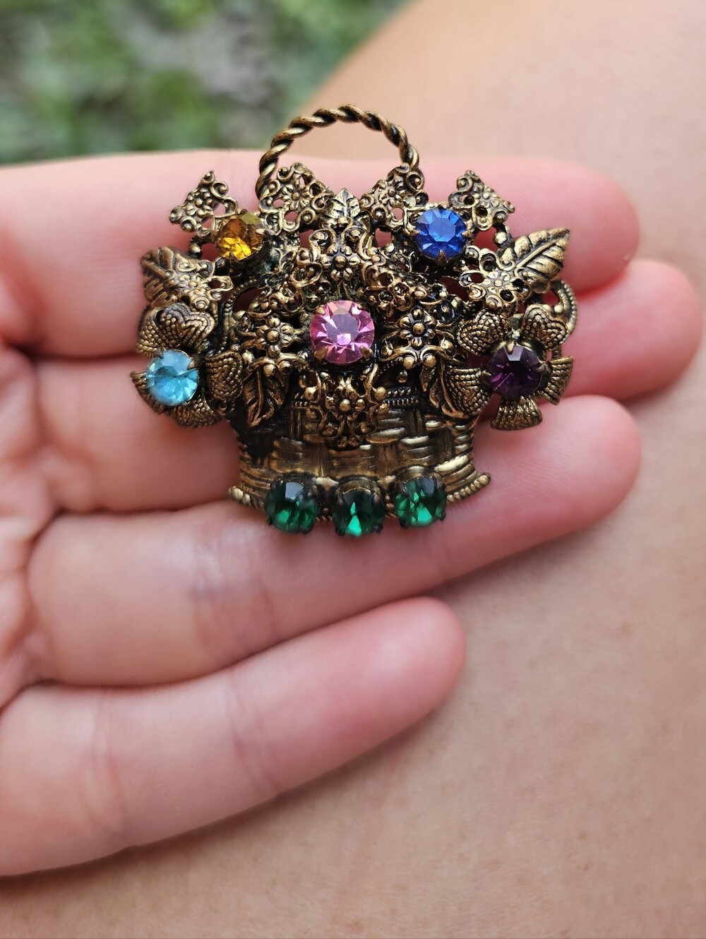 Vintage Brass Flower Basket Brooch Multi-Color Rhinestones